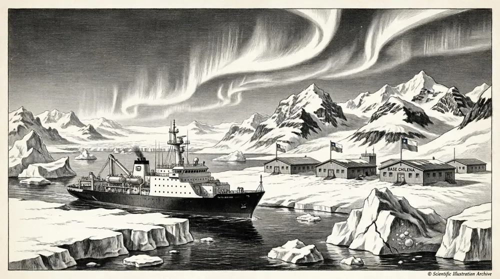 Base científica chilena en el Territorio Chileno Antártico con el buque oceanográfico Almirante Óscar Viel y aurora austral