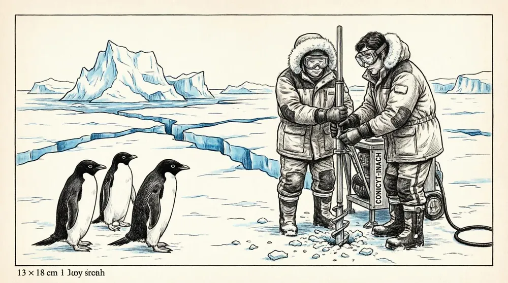 Equipo científico chileno realizando muestreo de hielo glaciar en el Territorio Chileno Antártico con pingüinos Adelia e icebergs al fondo